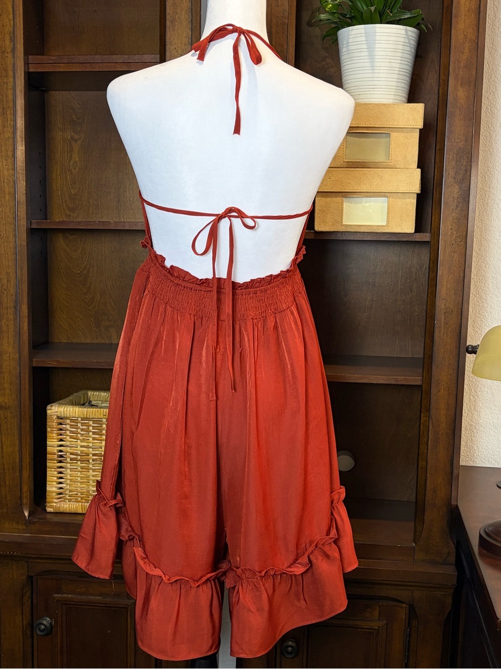 Nasty Gal Rust Red Halter Chic Summer Vacation Ruffle Romper | Size 10 - Picture 5 of 12